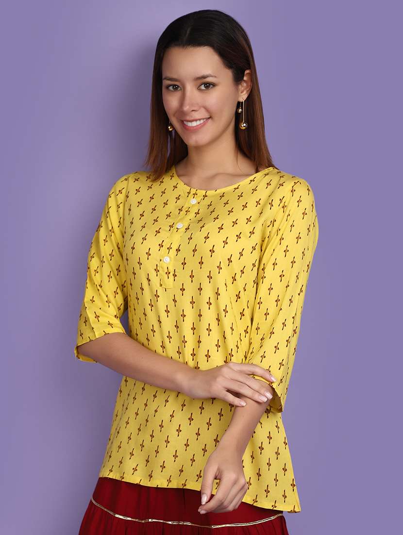 women yellow printed round neck top - 20767533 -  Standard Image - 1