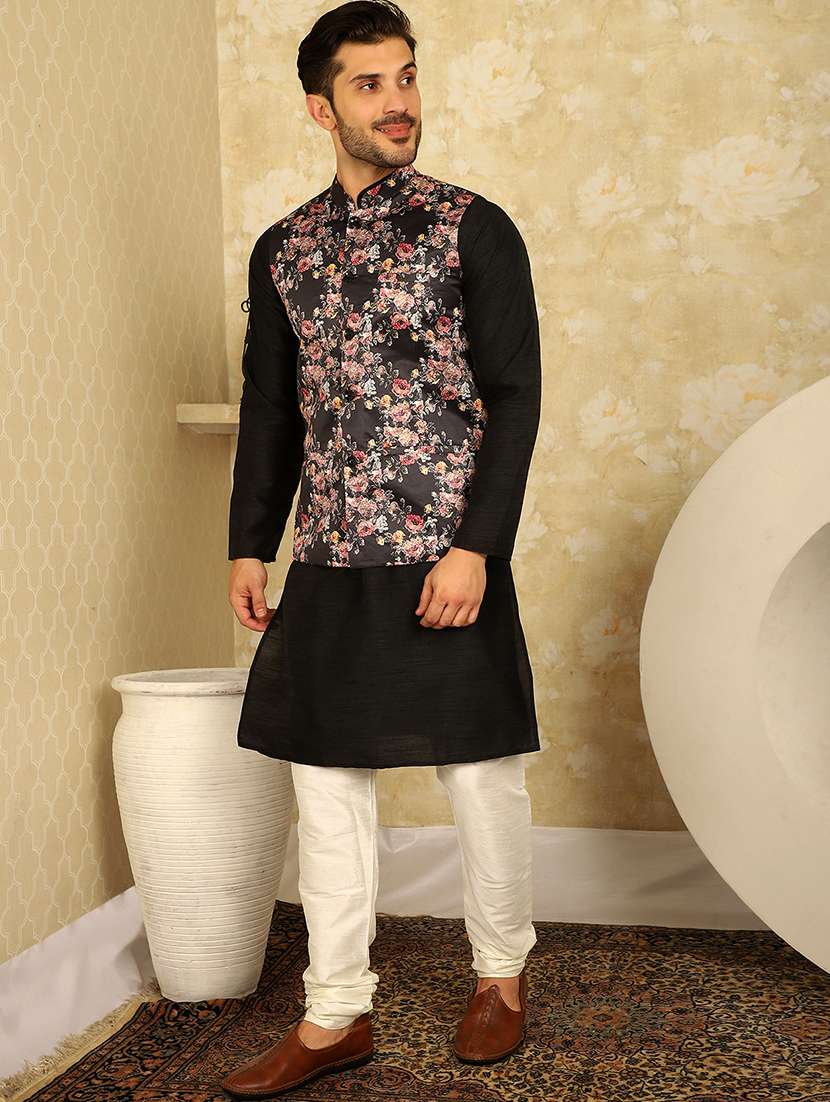 black silk blend kurta pyjama with jacket ethnic wear set - 20767671 -  Standard Image - 1