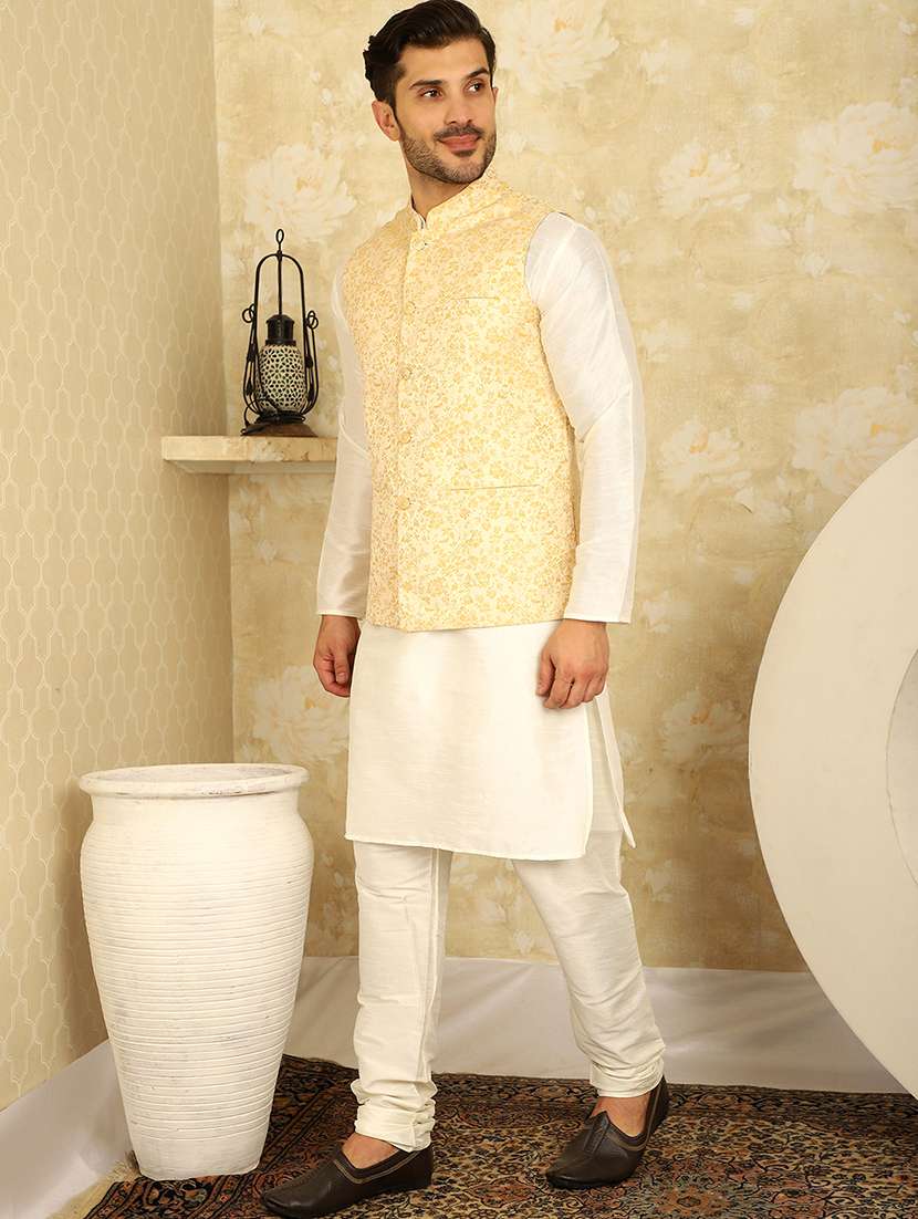 men silk blend kurta pyjama with jacket ethnic wear set - 20767676 -  Standard Image - 1