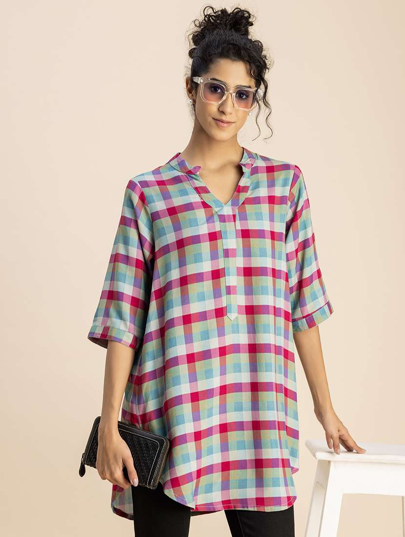 women checkered mandarin neck top - 20767815 -  Standard Image - 1