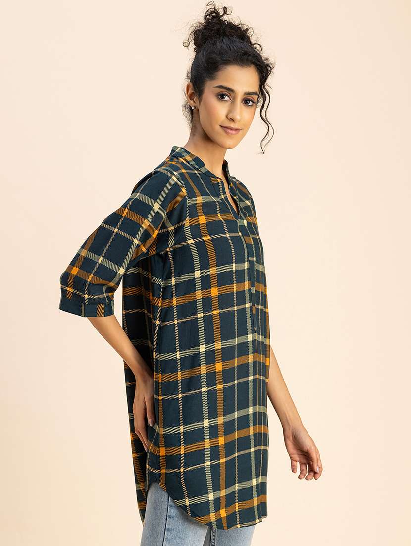 women checkered mandarin neck top - 20767817 -  Standard Image - 1