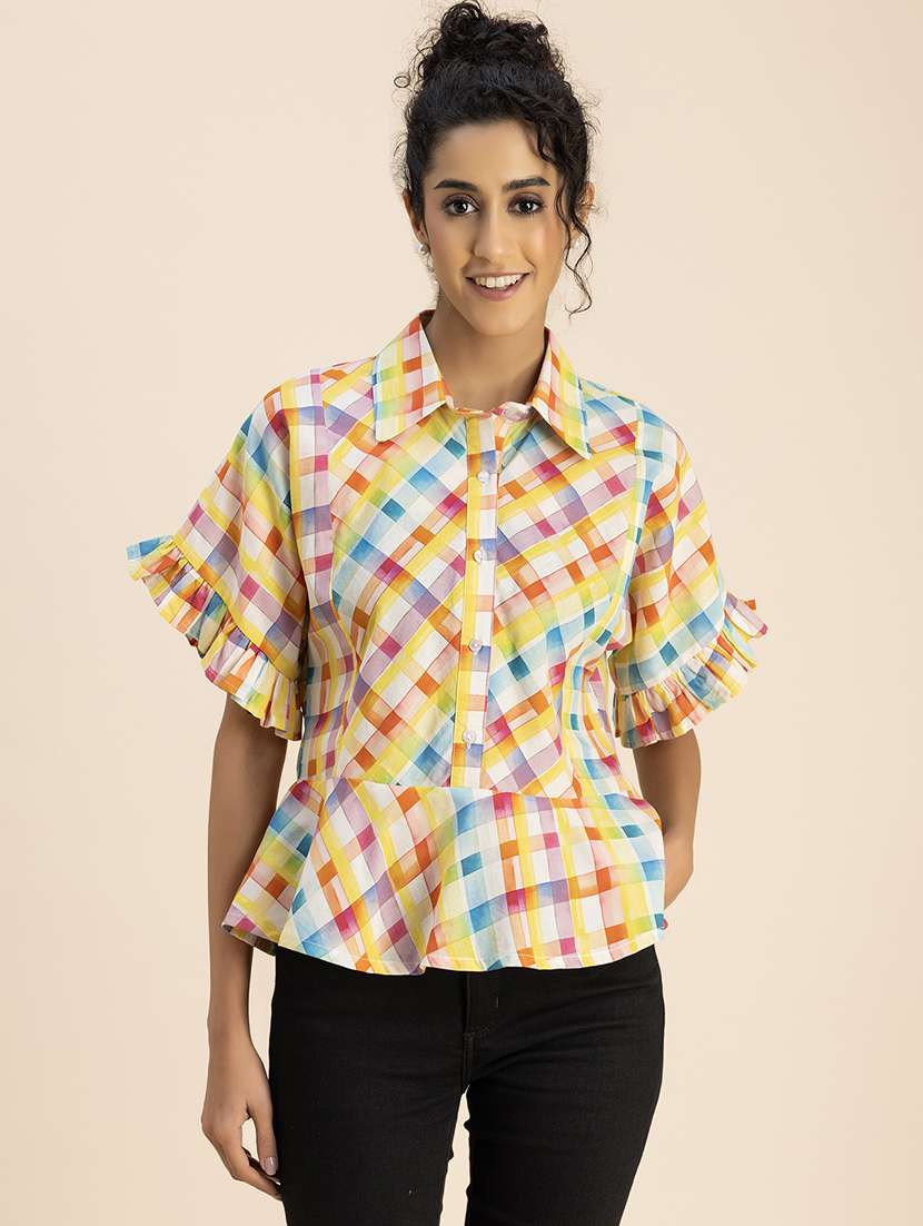 women checkered collared peplum top