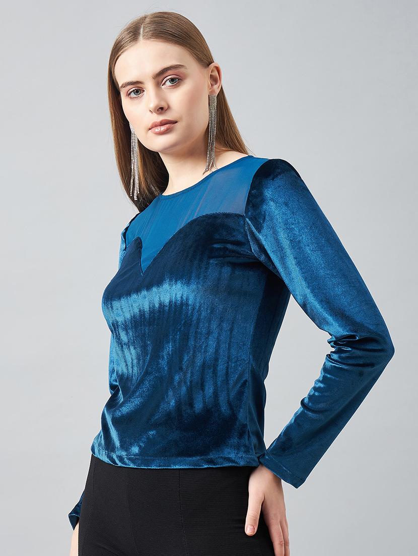 solid blue neck detailed velvet top - 20767881 - Standard Image - 1