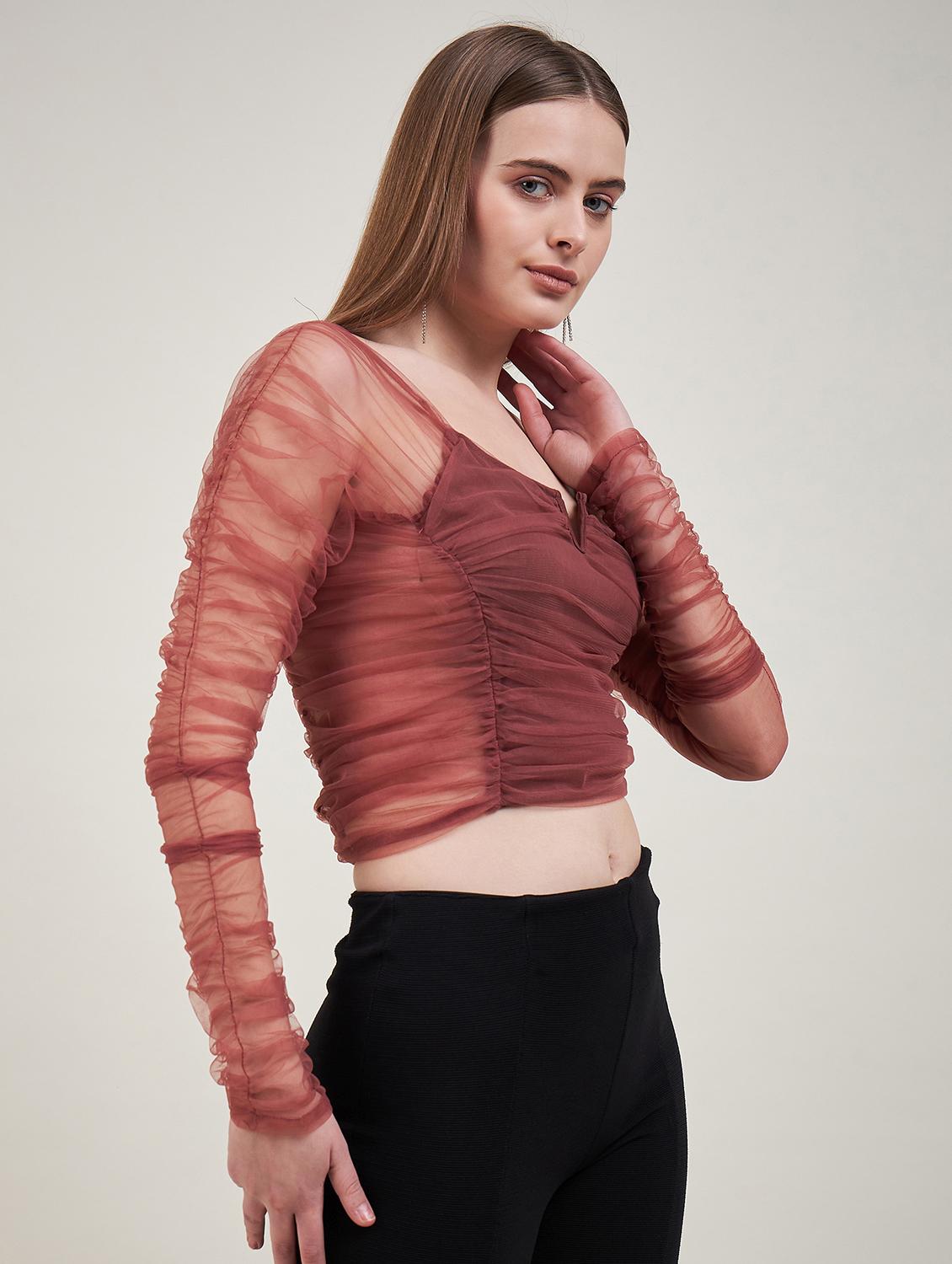 solid brown gathered detailed crop top - 20768035 - Standard Image - 1