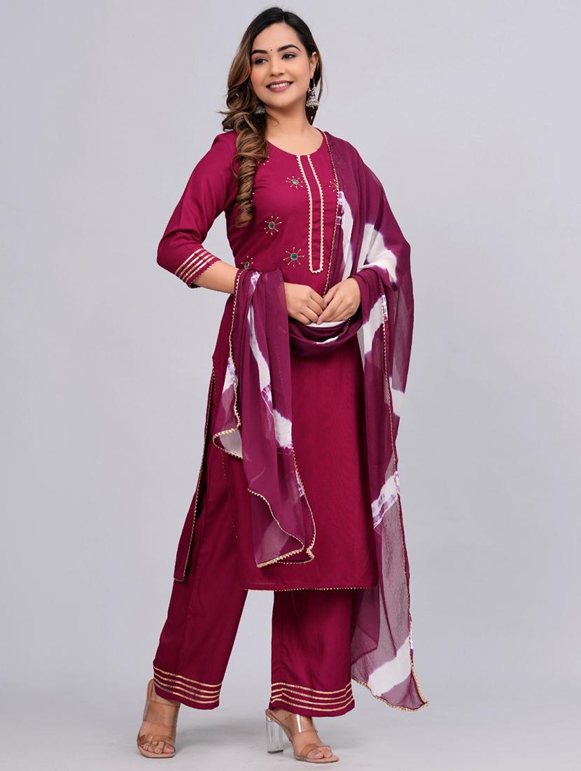 women magenta round neck kurta palazzo set with dupatta - 20768037 - Standard Image - 1