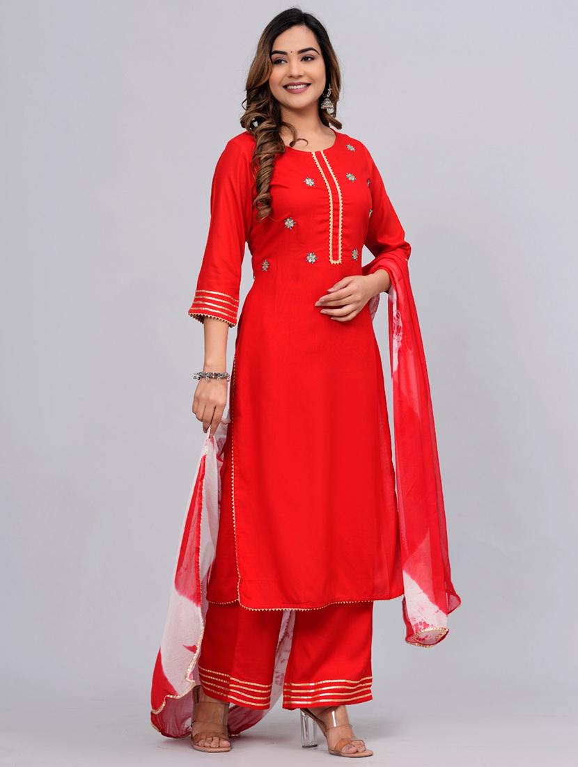 women red round neck kurta palazzo set with dupatta - 20768055 - Standard Image - 1