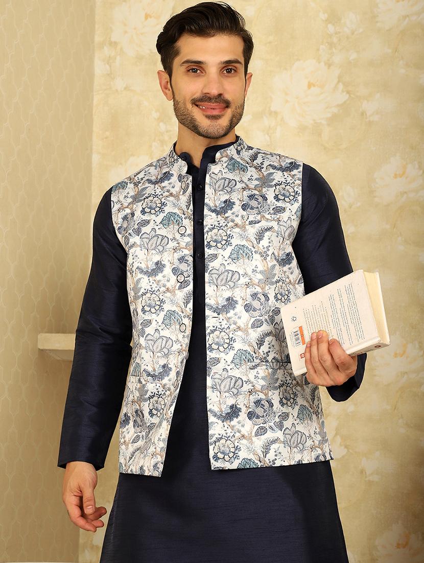 men white printed nehru jacket - 20768075 -  Zoom Image - 0