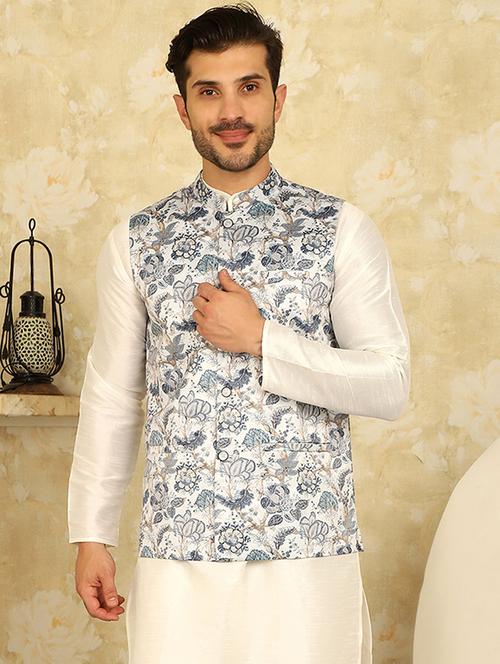 white silk blend nehru jacket - 20768080 - Standard Image - 0