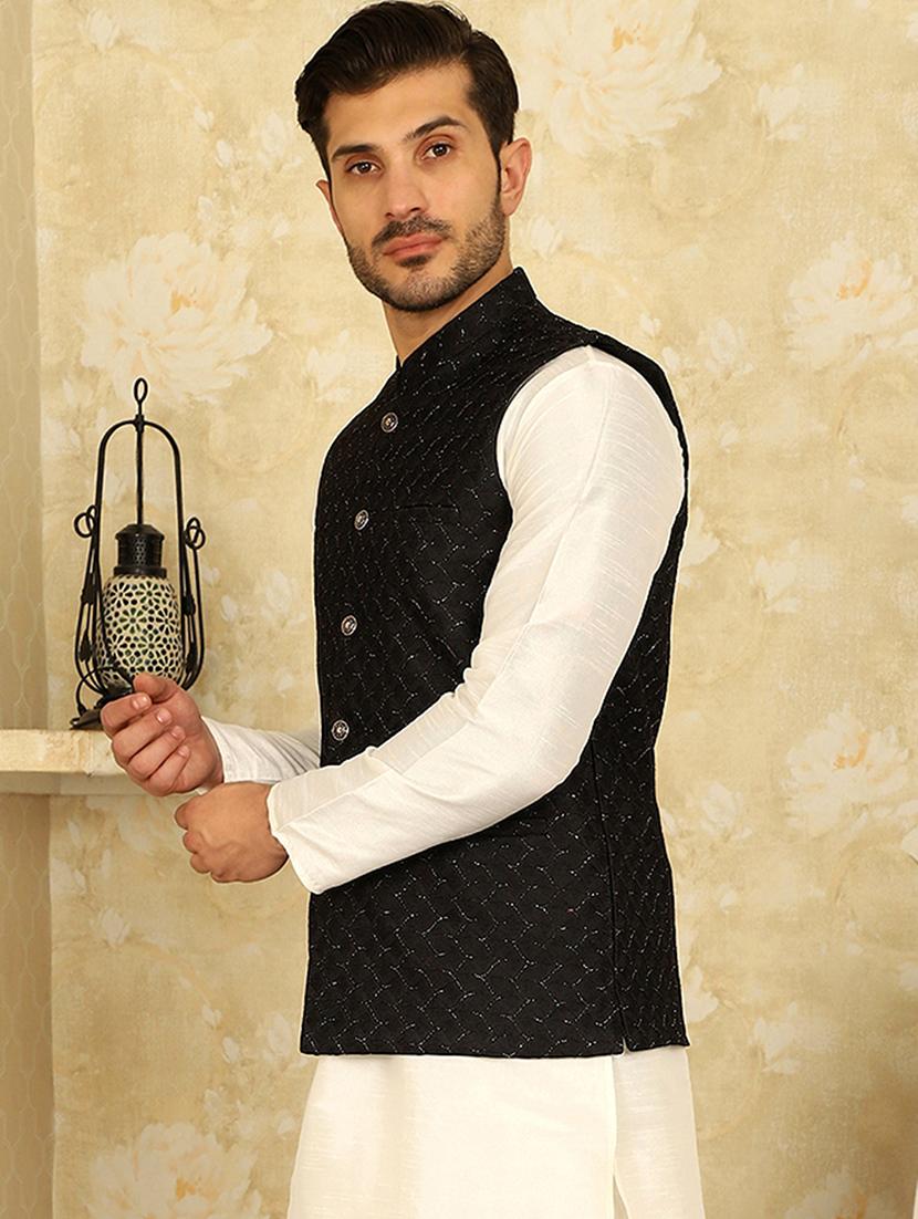 black silk blend nehru jacket - 20768081 - Standard Image - 1