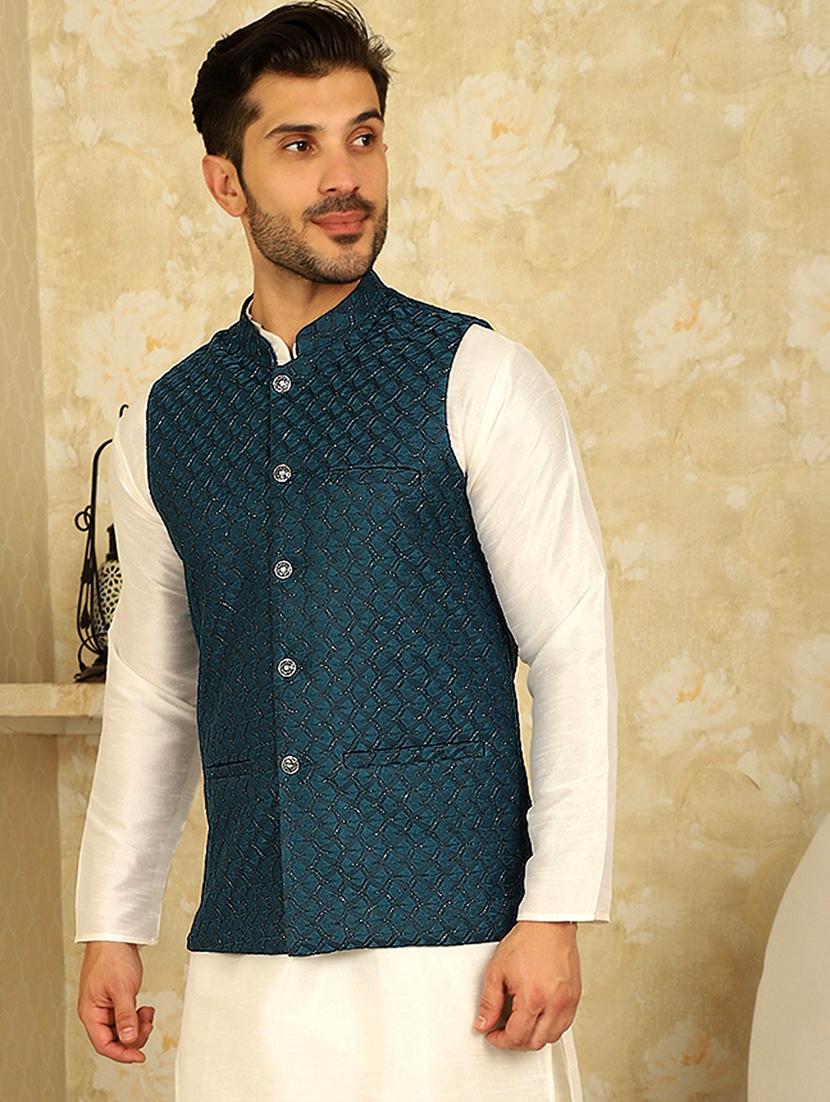 teal blue self design nehru jacket - 20768083 - Standard Image - 1