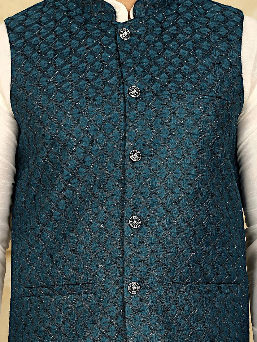 teal blue self design nehru jacket - 20768083 - Standard Image - 4