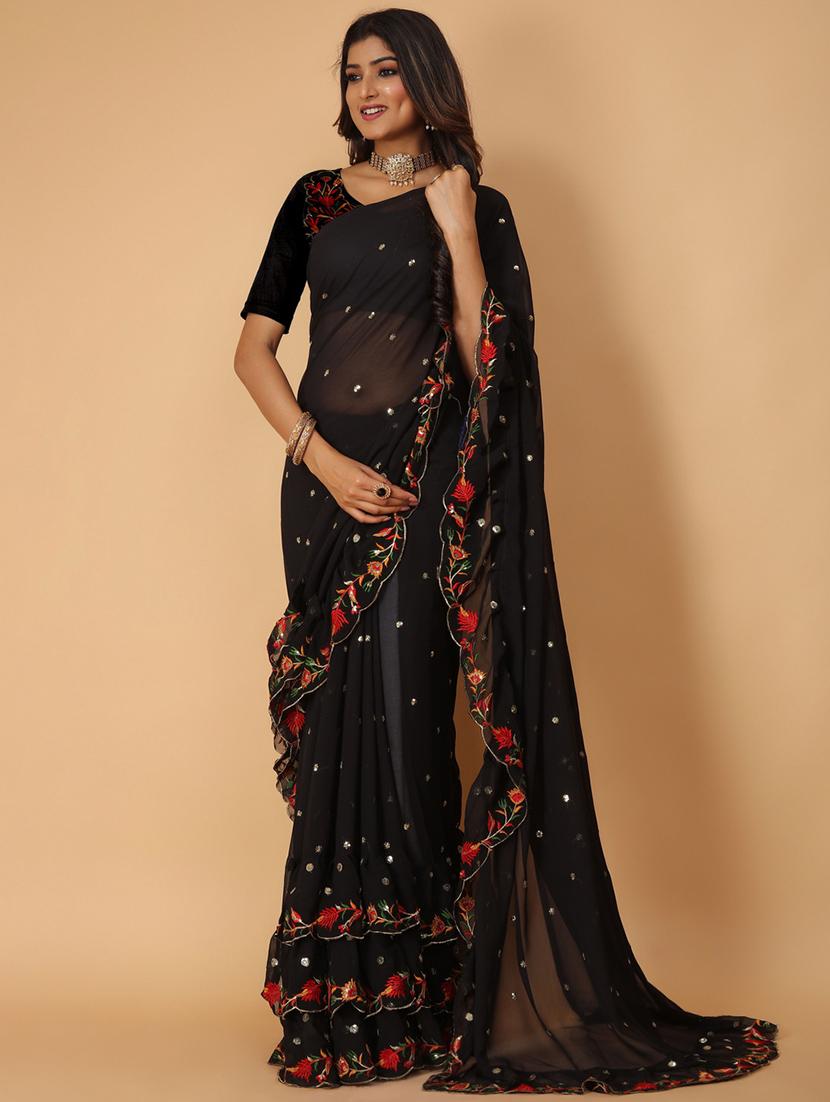 black solid with work saree