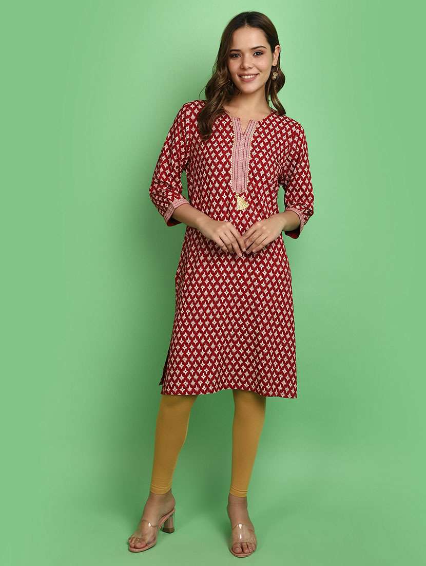 women red notch neck straight kurta