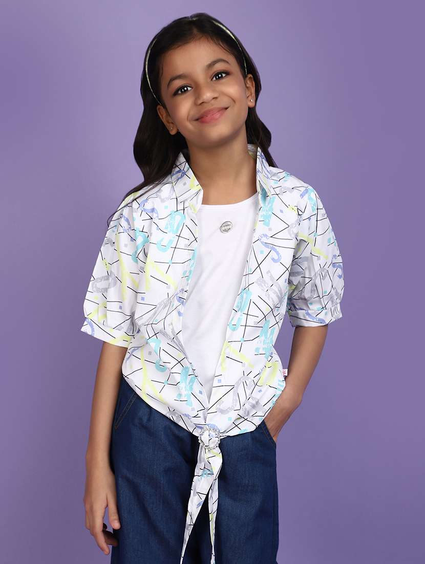 white printed knot detailed shirt style top