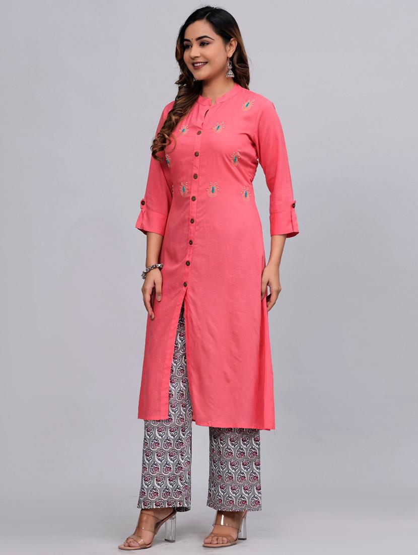 pink three quarter sleeve kurta palazzo set set - 20777778 - Standard Image - 1