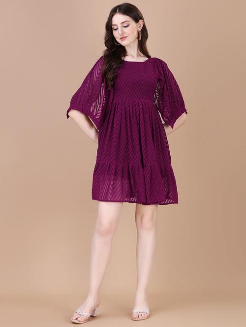 purple self design fit & flared dress - 20794794 - Standard Image - 0
