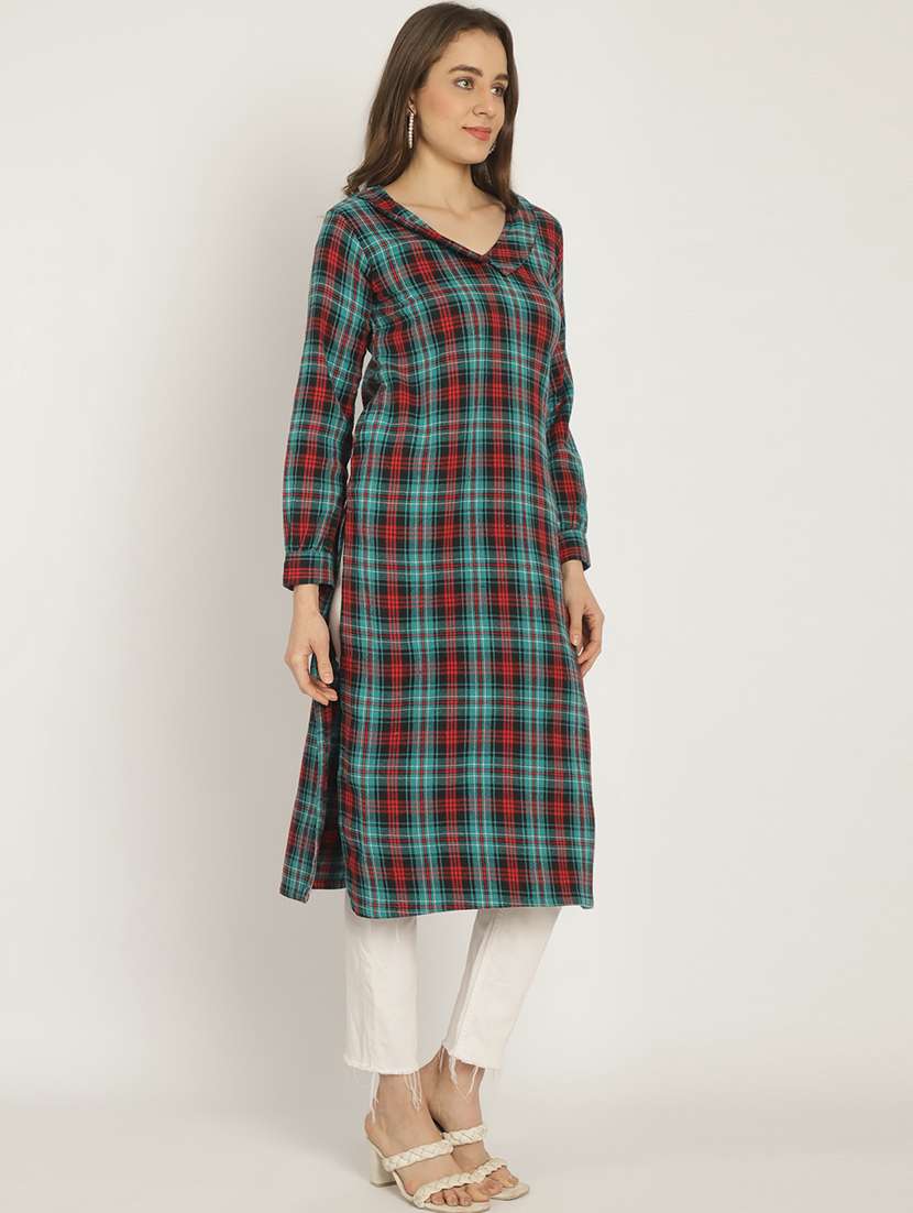 women checkered long sleeve woolen kurta - 20794992 -  Standard Image - 1
