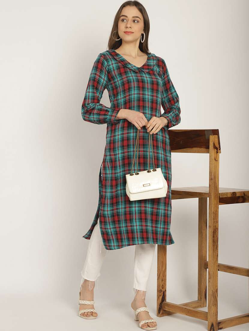 women checkered long sleeve woolen kurta - 20794992 -  Standard Image - 4