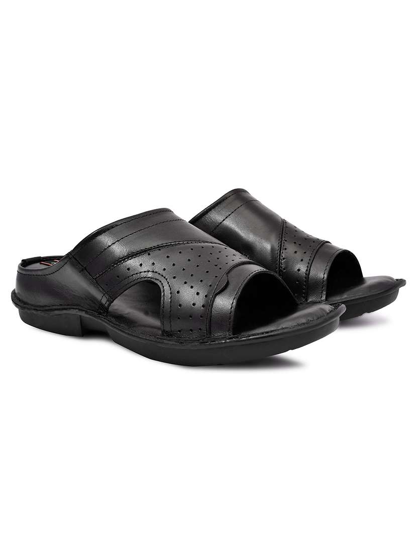 black leather slip on sandals