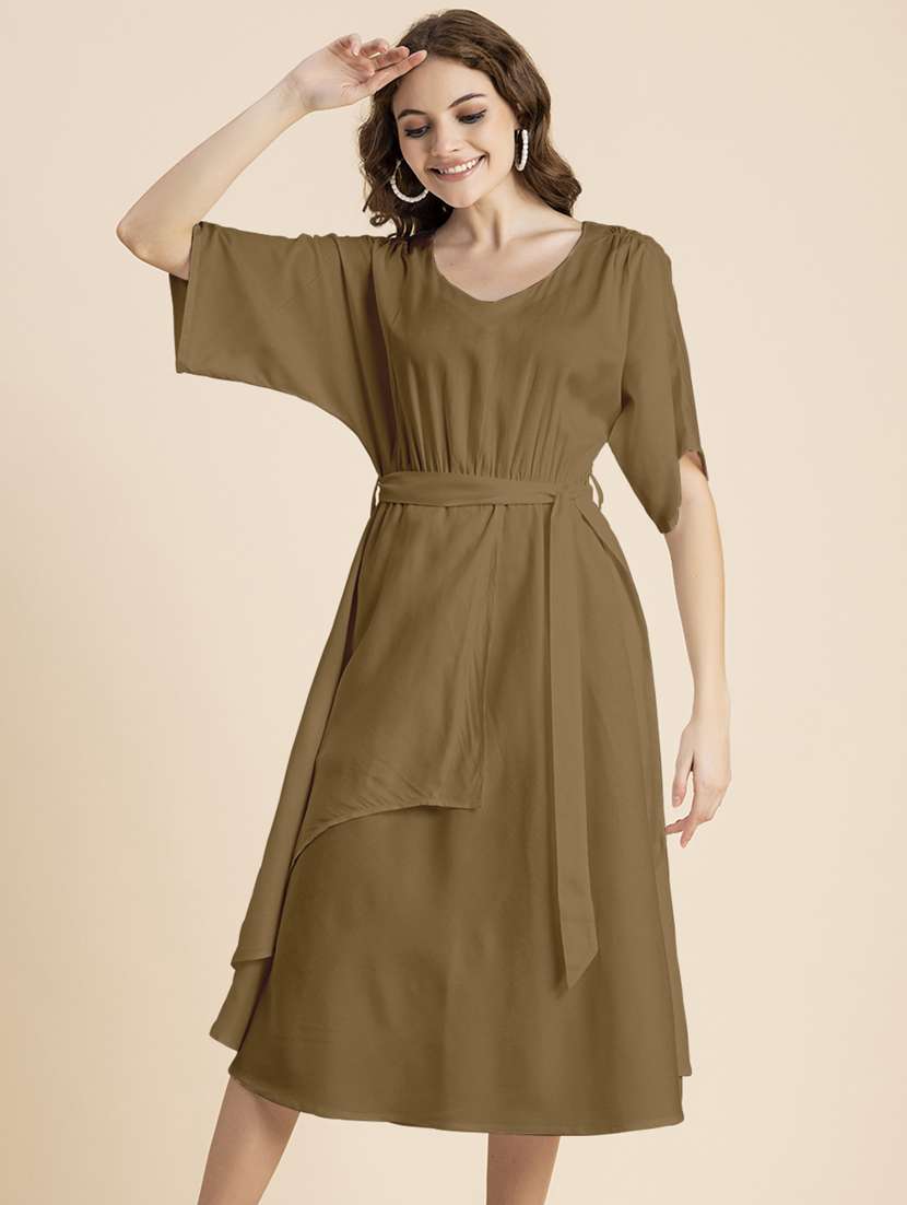 women solid short sleeves belted dress