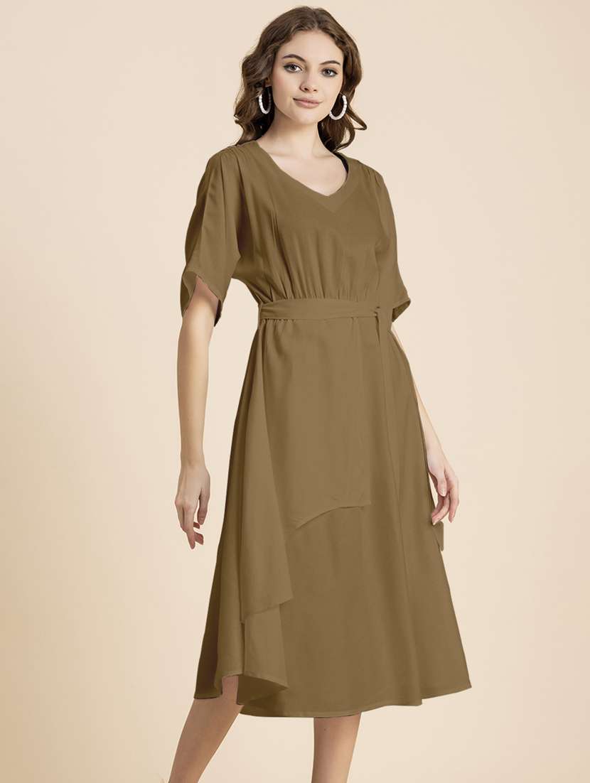 women solid short sleeves belted dress - 20795249 -  Standard Image - 1