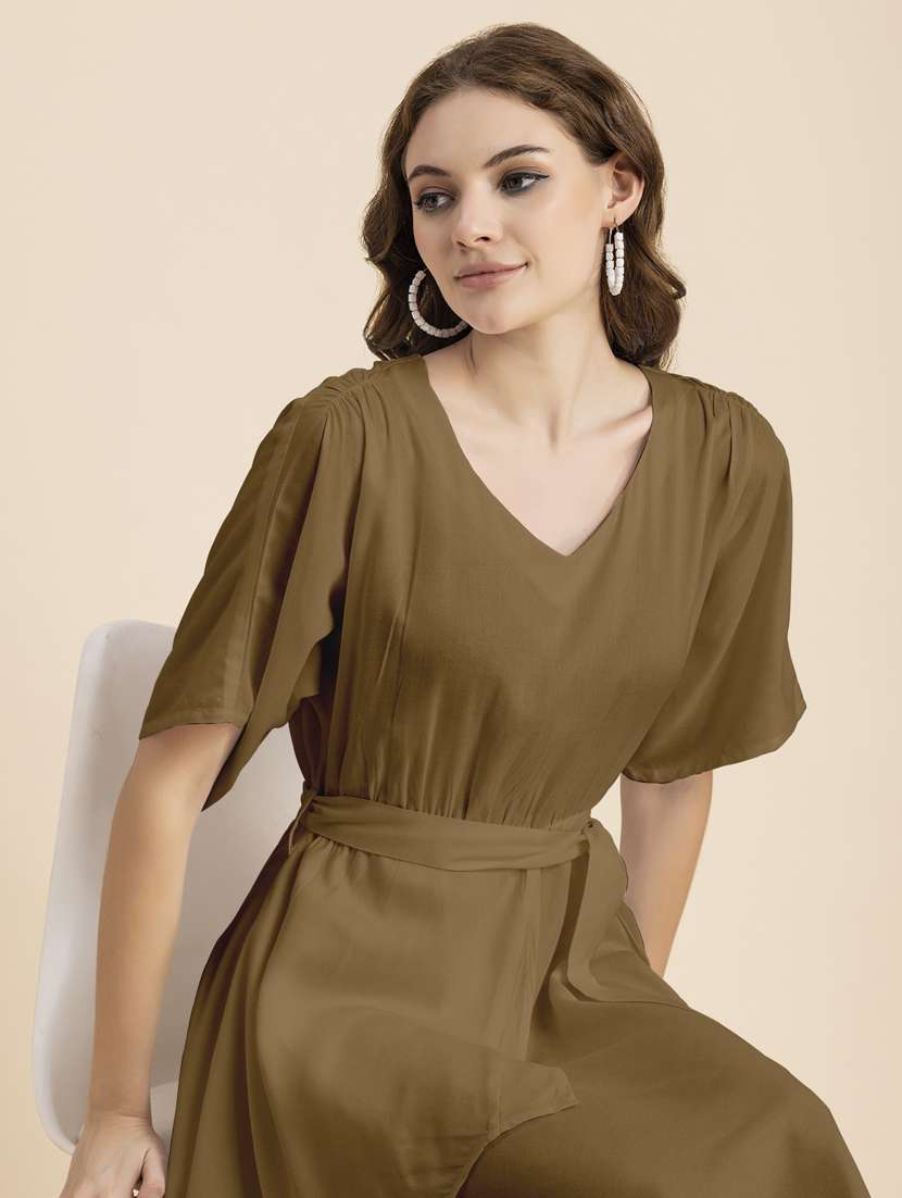 women solid short sleeves belted dress - 20795249 -  Standard Image - 4