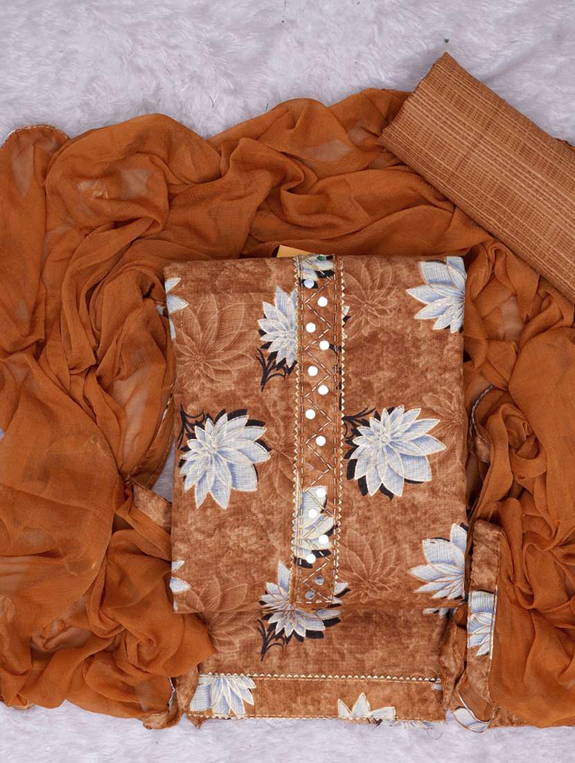mustard floral printed unstitched suit set - 20795385 - Standard Image - 1