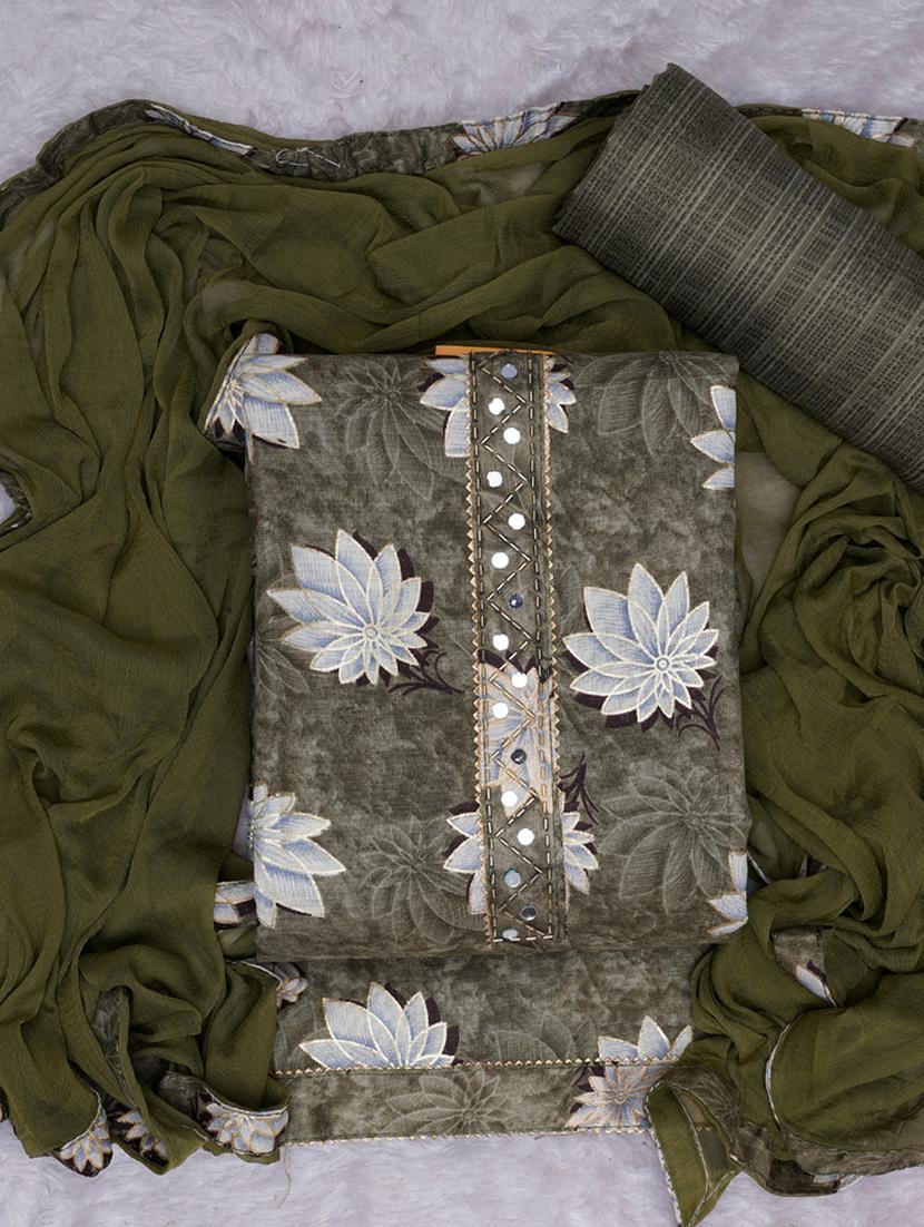 olive floral printed unstitched suit set - 20795386 - Standard Image - 1