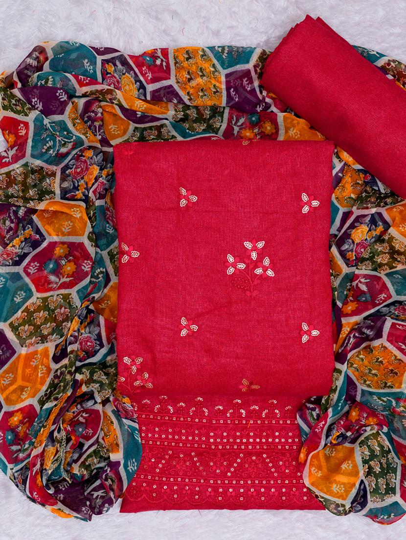 red embroidered unstitched suit set - 20795400 -  Standard Image - 1