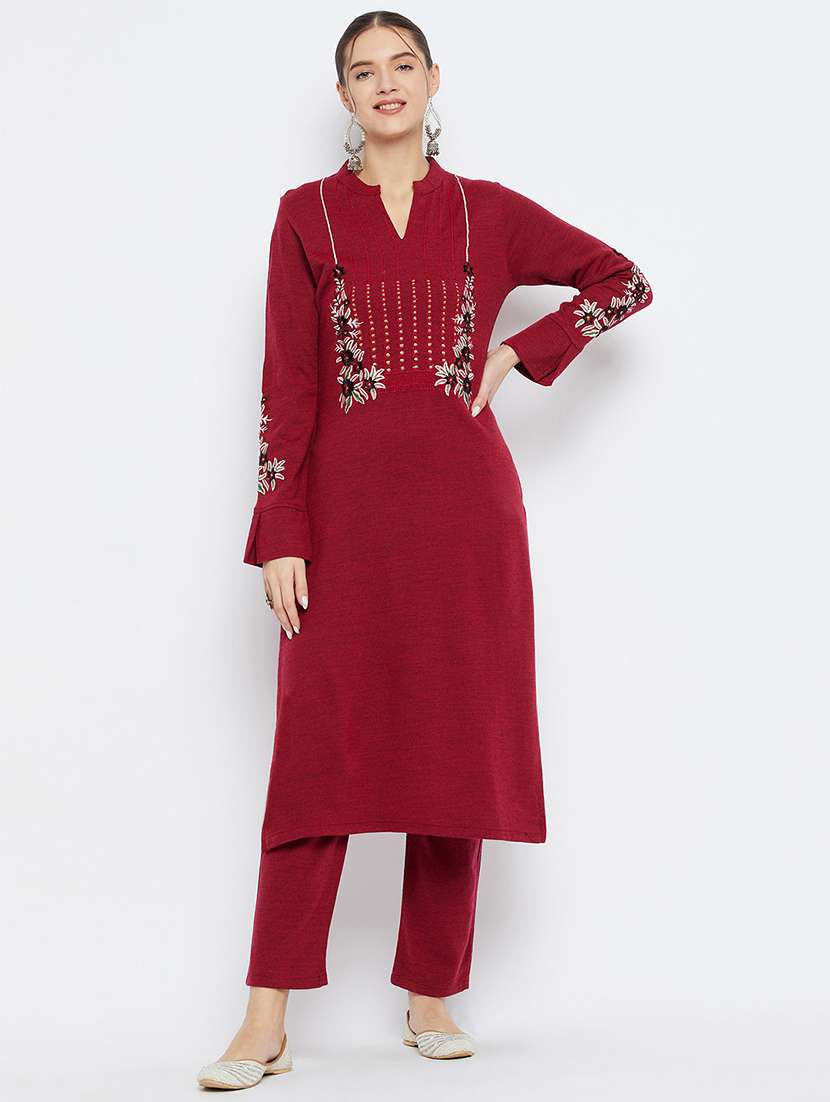 women maroon embroidered kurta pant set