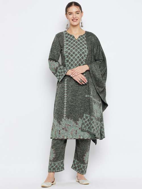 women green self-designed woolen kurta - 20796491 -  Standard Image - 0