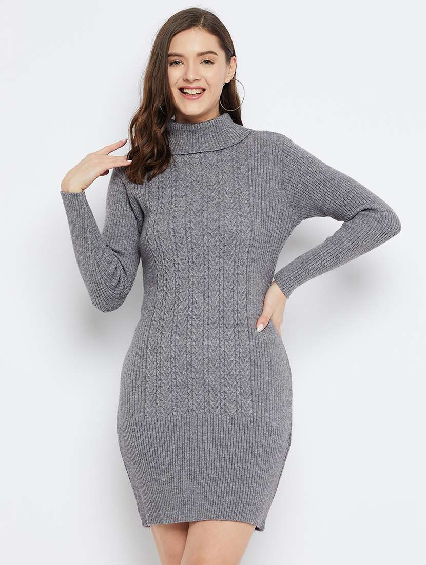 women solid full sleeve wool bodycon dress