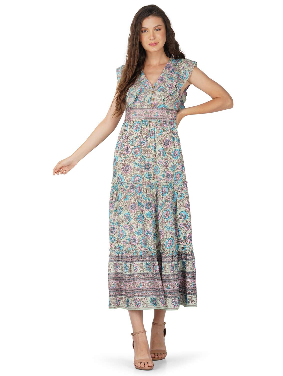 women flora print cap sleeves tiered dress