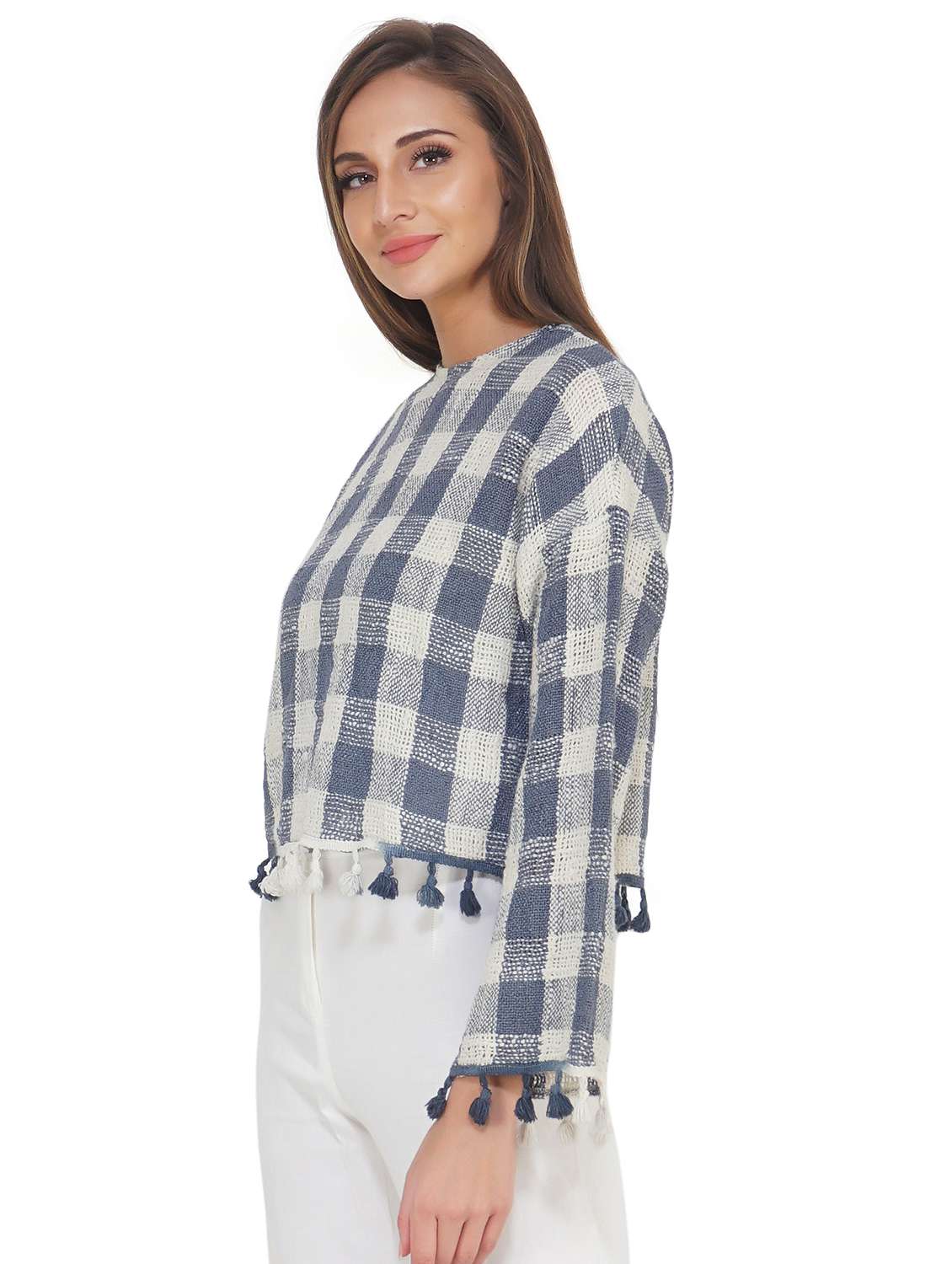 white checked printed detailed top - 20796643 -  Standard Image - 1