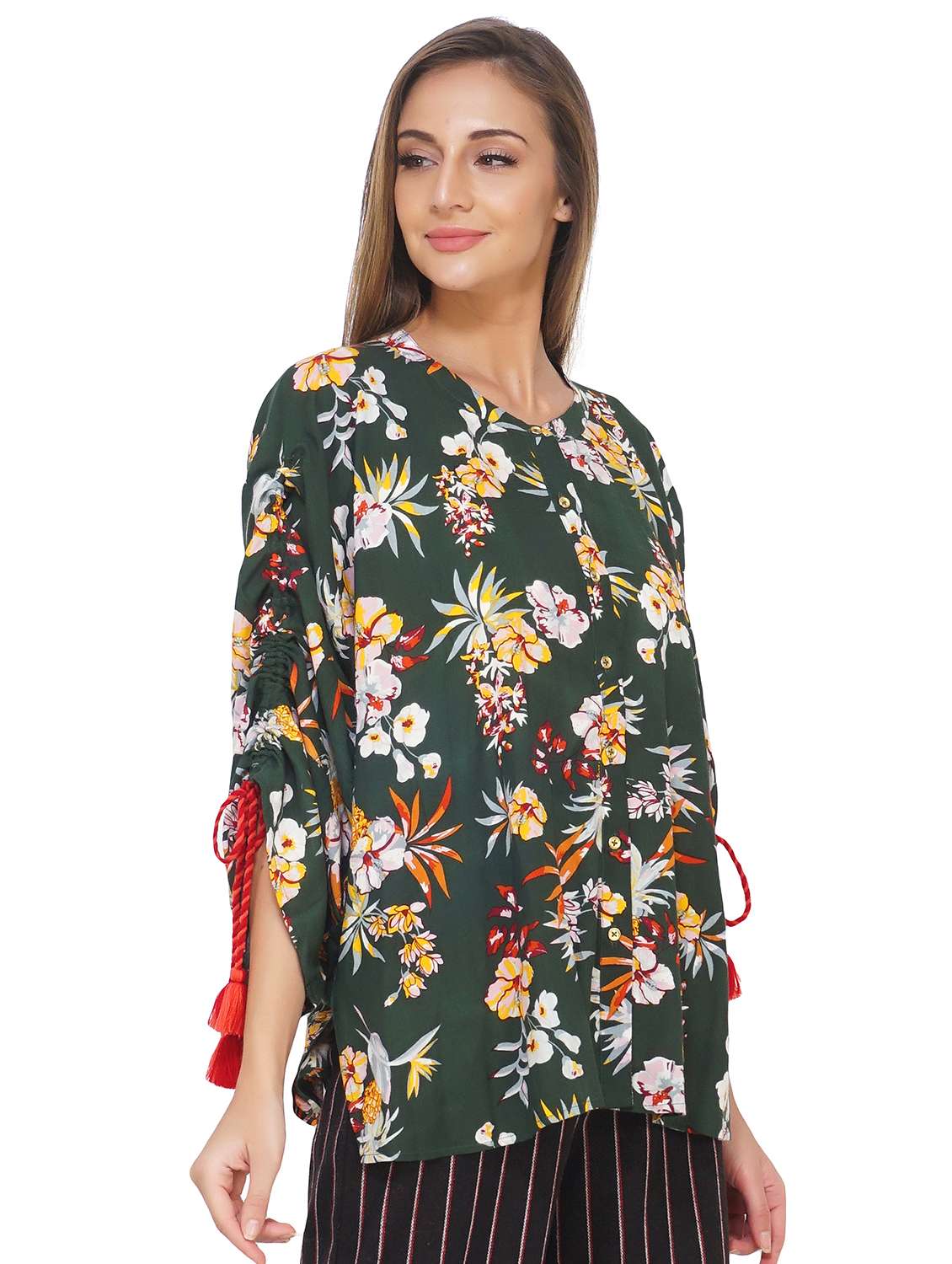 green floral printed detailed shirt style top - 20796644 -  Standard Image - 1