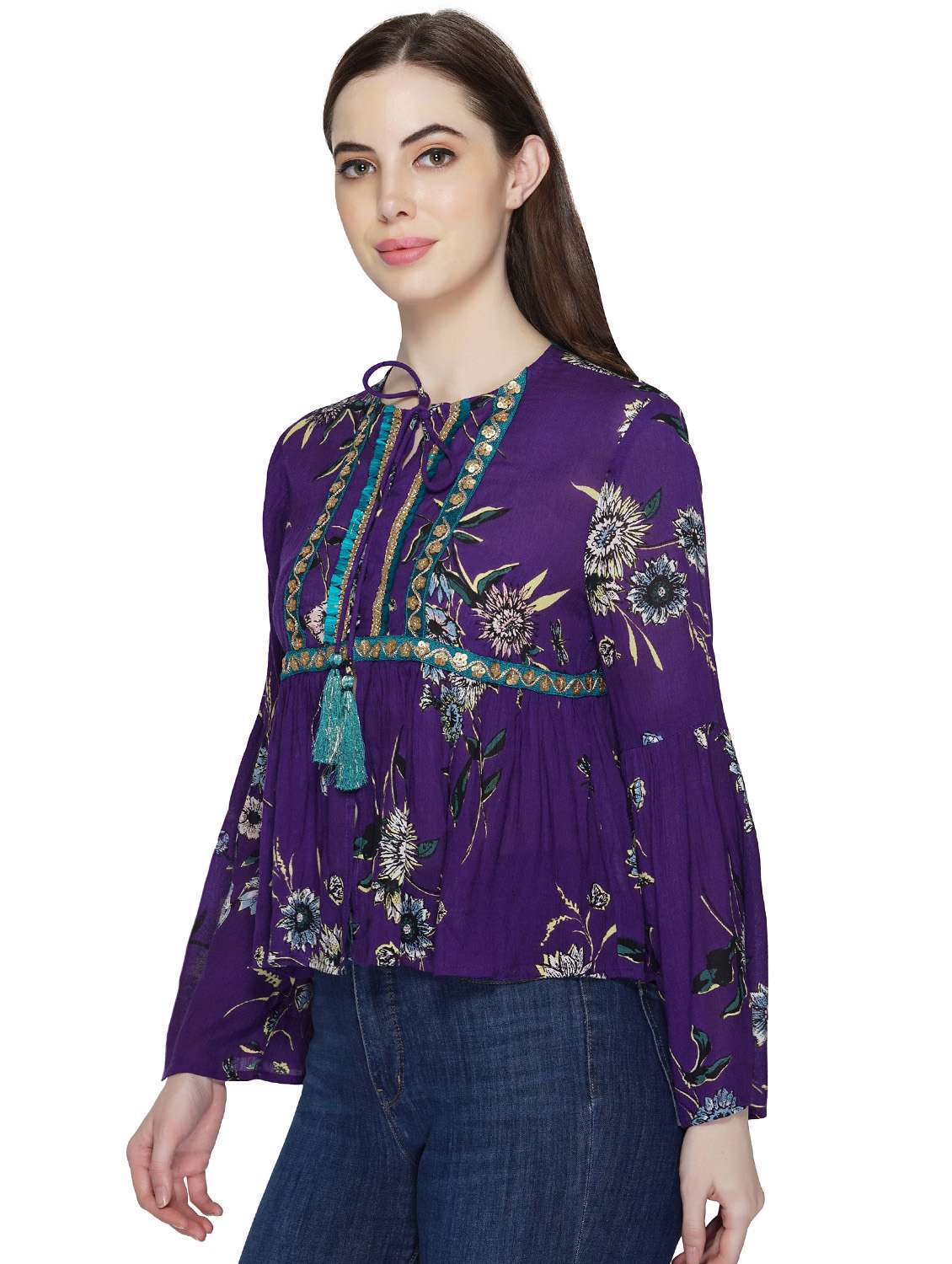 purple floral printed detailed peplum top - 20796651 -  Standard Image - 1