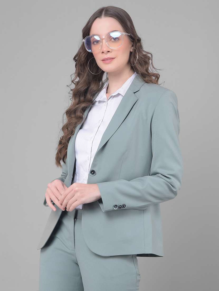 women green solid single breasted blazer