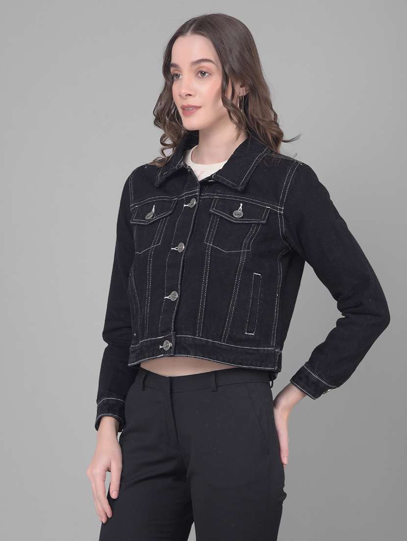 women solid black collared jacket