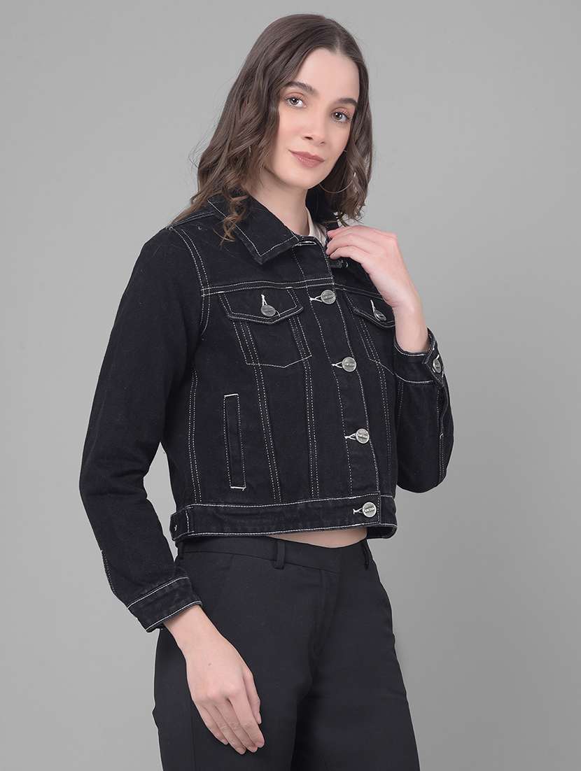 women solid black collared jacket - 20796963 - Standard Image - 1