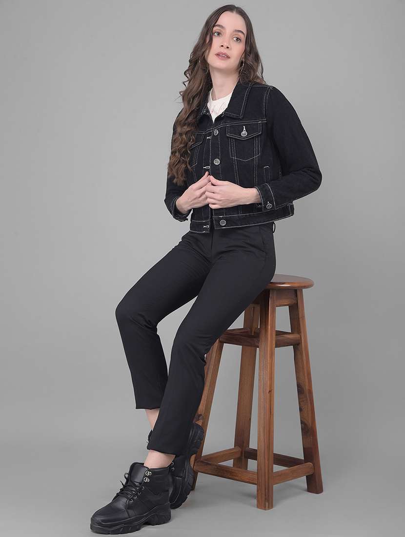women solid black collared jacket - 20796963 - Standard Image - 4