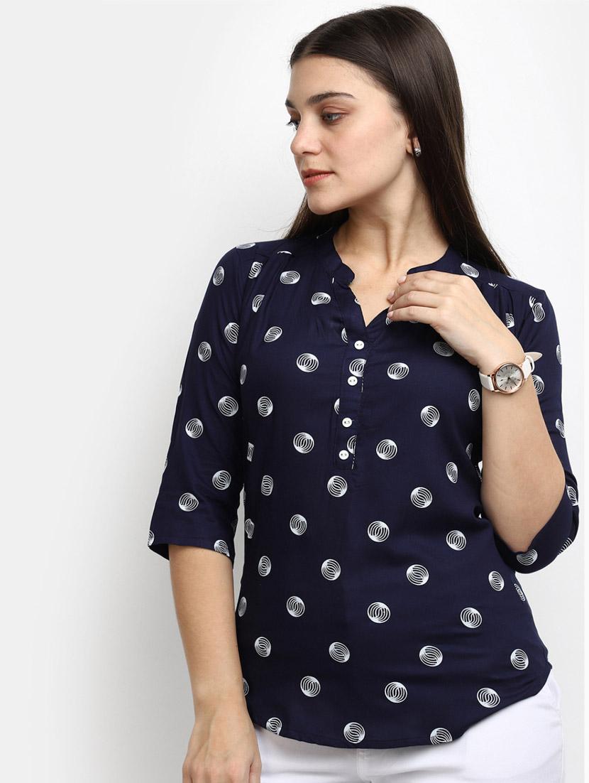 women mandarin neck printed a line top - 20798096 - Standard Image - 1