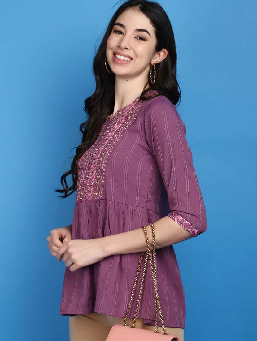 pink self design embroidered detailed kurti - 20806496 -  Standard Image - 1