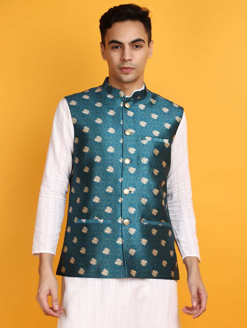 teal polyester nehru jacket