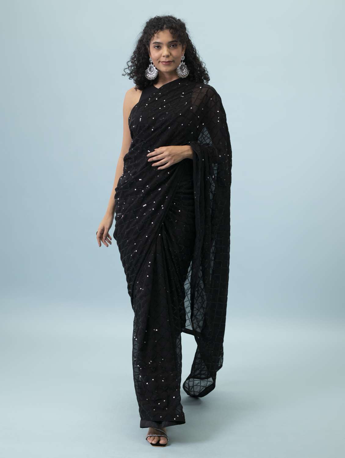 women black sequin work georgette saree with blouse