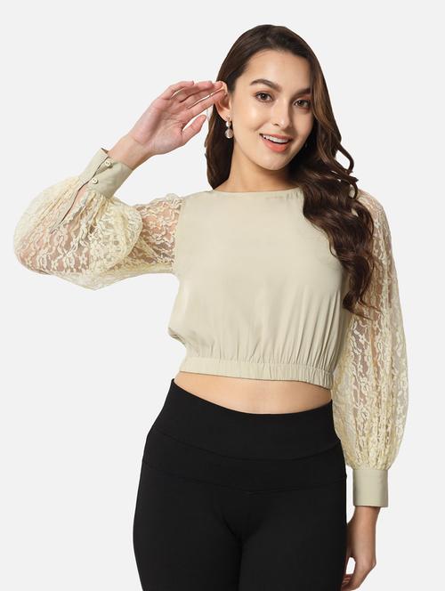 beige self design detailed crop top - 20807173 - Standard Image - 0
