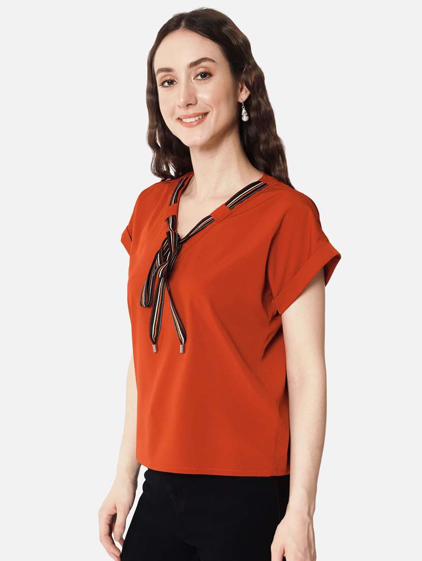 women rust solid v-neck regular top - 20807183 -  Standard Image - 1