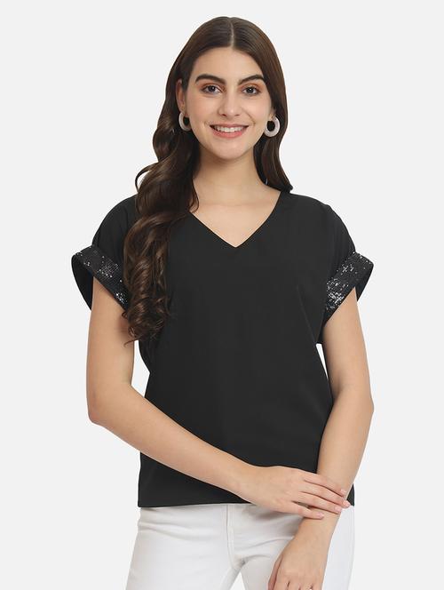 women black regular fit solid sequins detailed short sleeves top - 20807185 - Standard Image - 0
