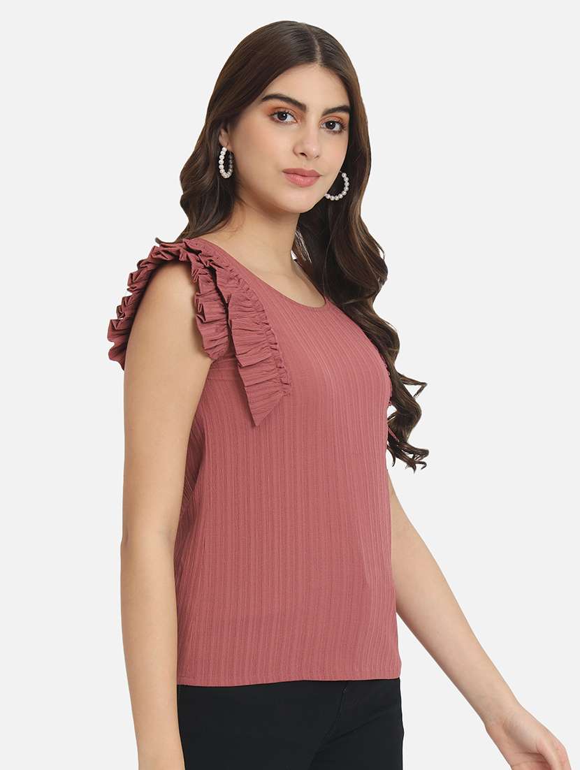 peach self design sleeves detailed regular top - 20807188 -  Standard Image - 1