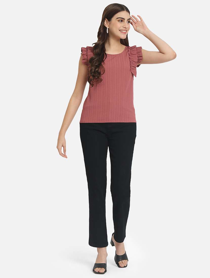 peach self design sleeves detailed regular top - 20807188 -  Standard Image - 4