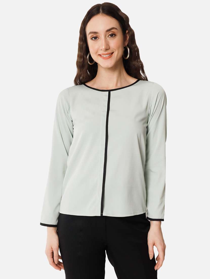 solid green detailed regular top - 20807199 -  Zoom Image - 0